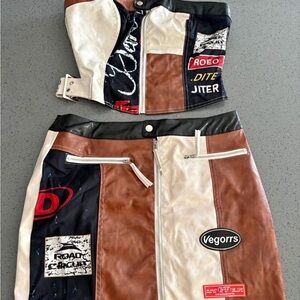 Fashion Nova Graphic Patch Mini Skirt Set - Brown, Black, White